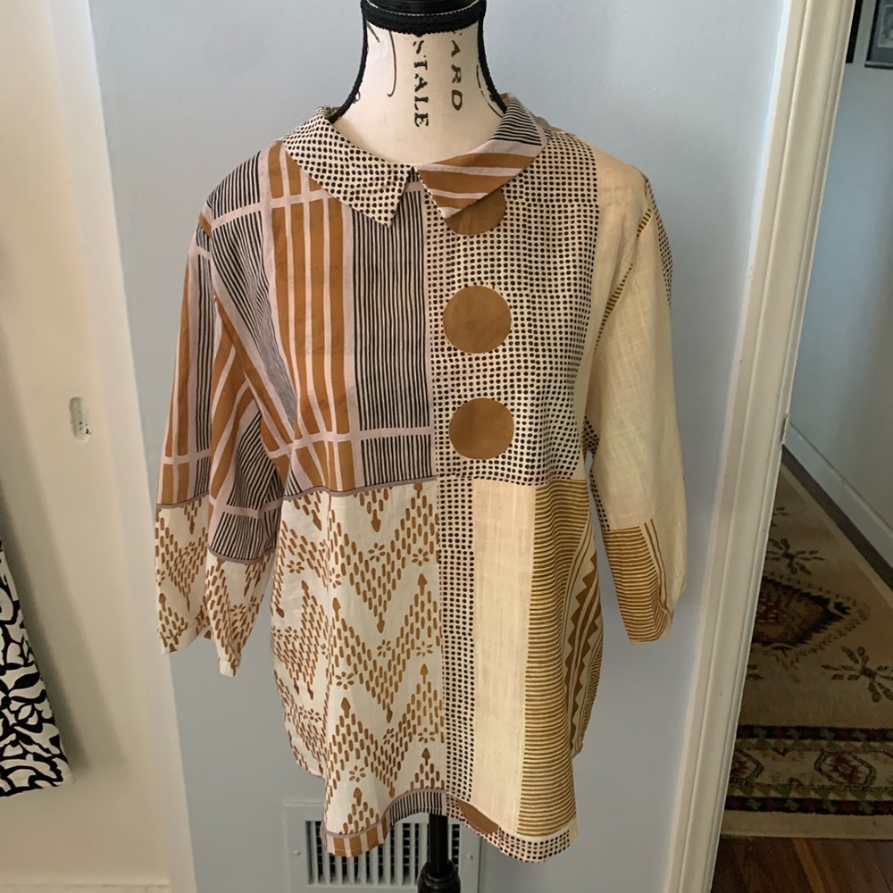 Source Unknown Geometric Patchwork Blouse In Brow… - image 1